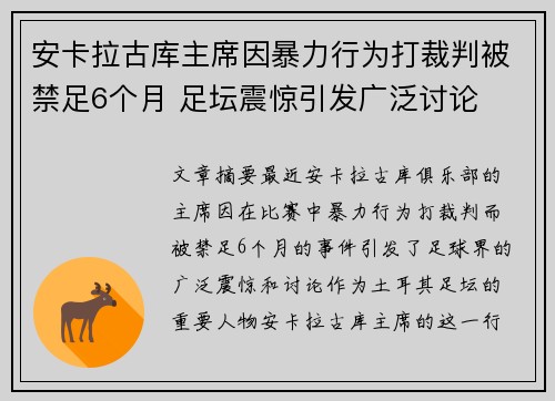 安卡拉古库主席因暴力行为打裁判被禁足6个月 足坛震惊引发广泛讨论